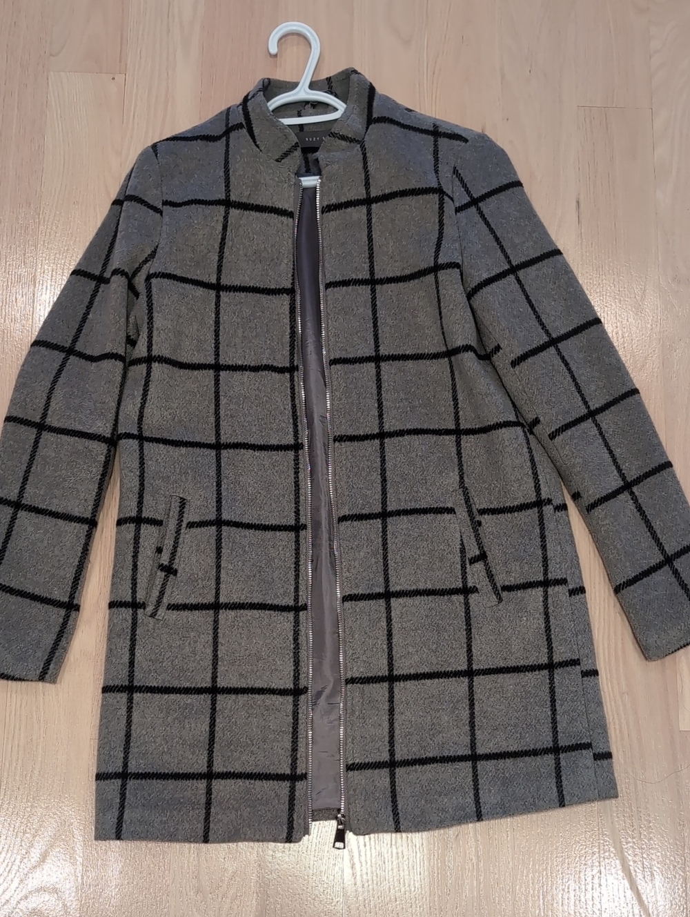 Suzy Shier Gray Windowpane Zip-Front Pea Coat